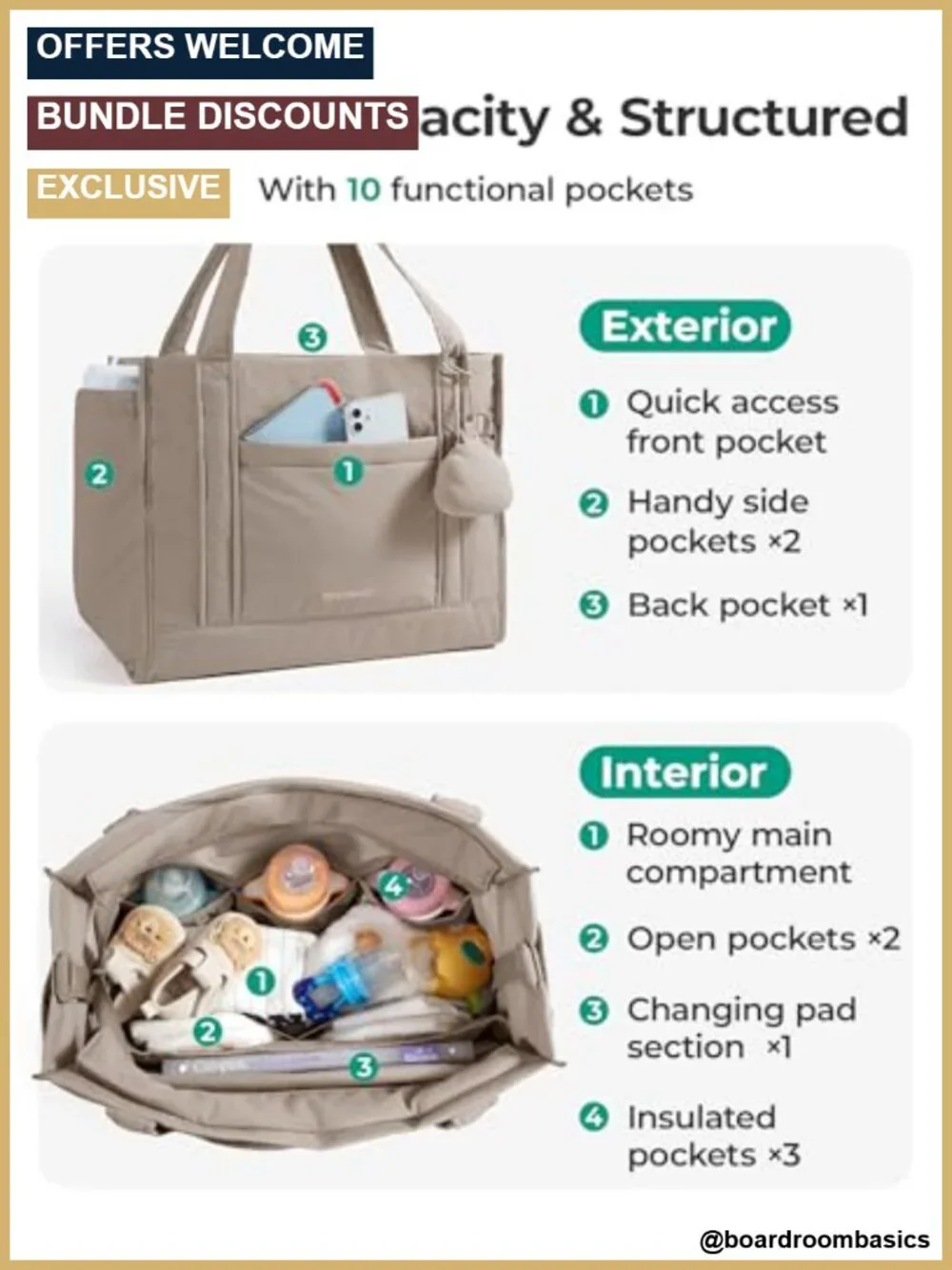 Lightweight Quilted Puffer Diaper Bag Tote with Changing Pad, Pacifier Case, 10